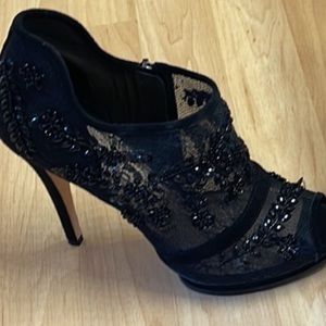 Bcbg black lace stilettos zip  up platform beads suede